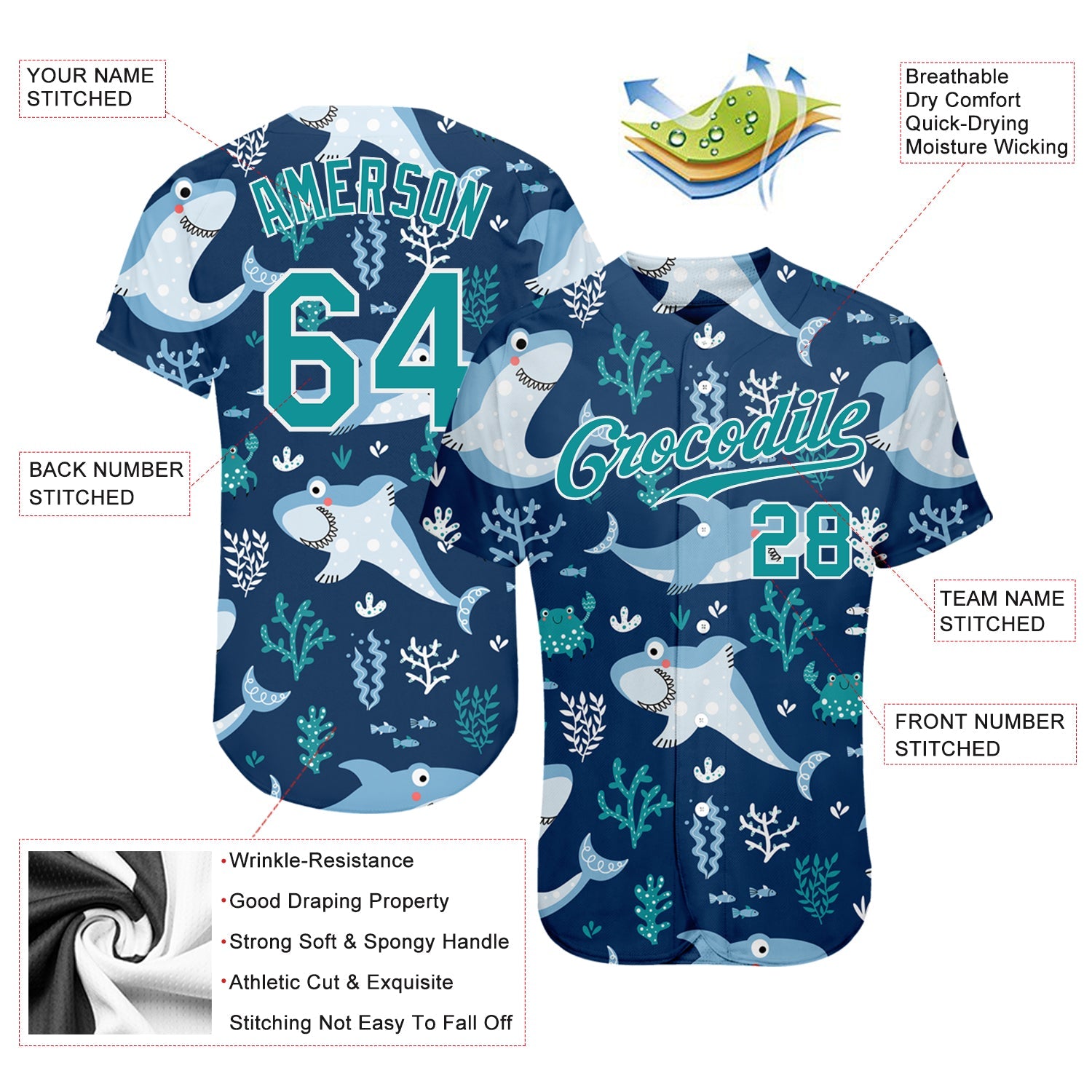 Custom Teal Teal-White 3D Pattern Design Sharks Authentic Baseball Jersey view 3