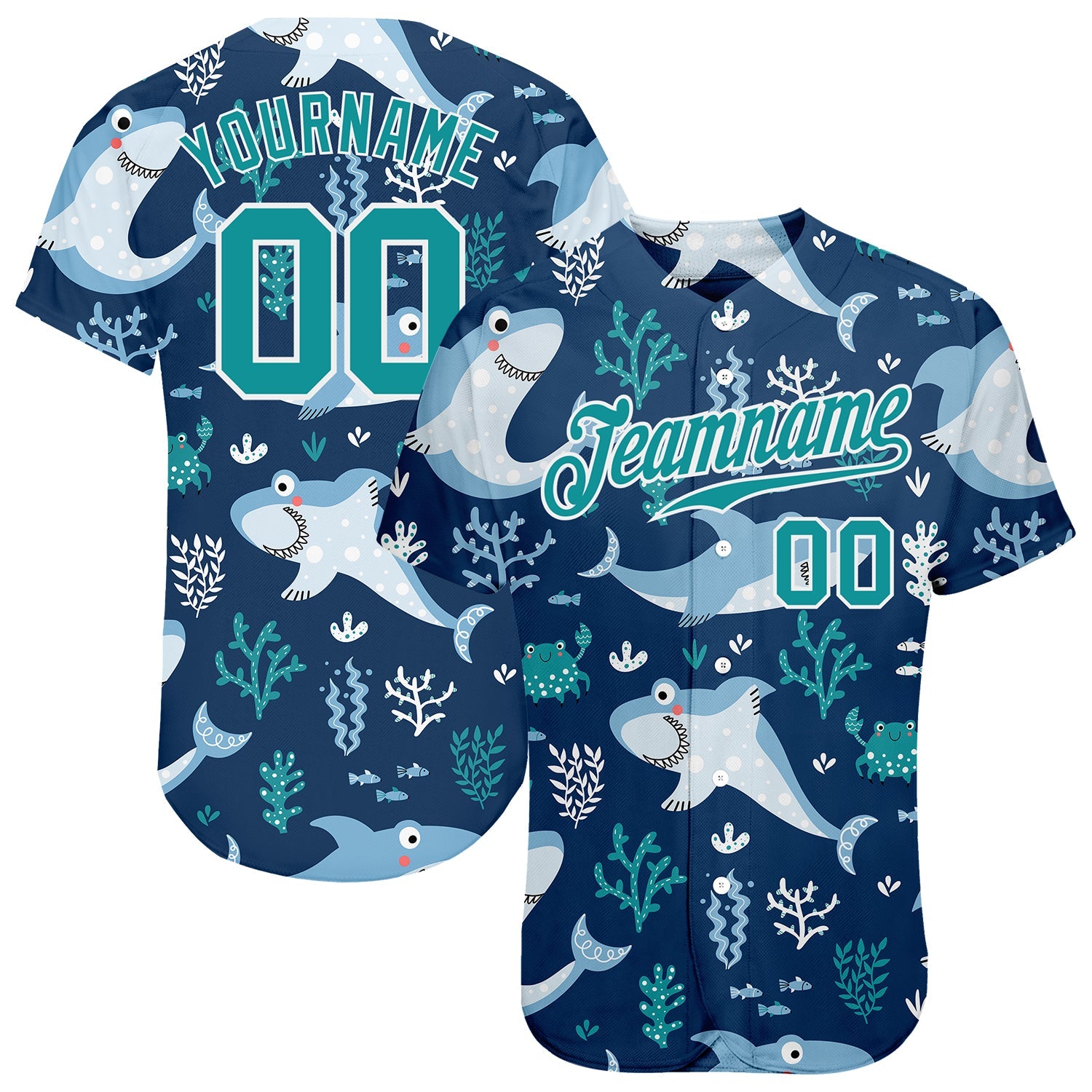Custom Teal Teal-White 3D Pattern Design Sharks Authentic Baseball Jersey - Main View