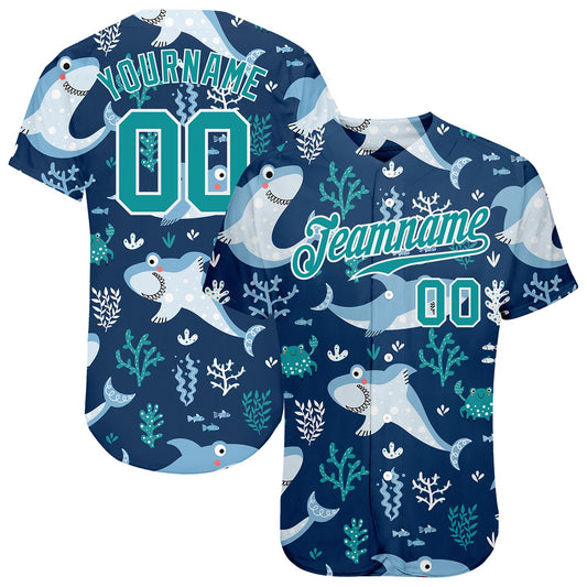 Custom Teal Teal-White 3D Pattern Design Sharks Authentic Baseball Jersey - Main View