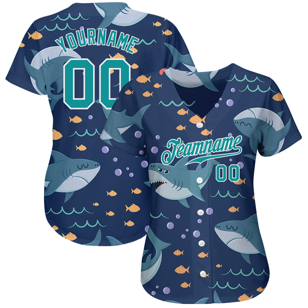 Custom Teal Teal-White 3D Pattern Design Sharks Authentic Baseball Jersey view 2