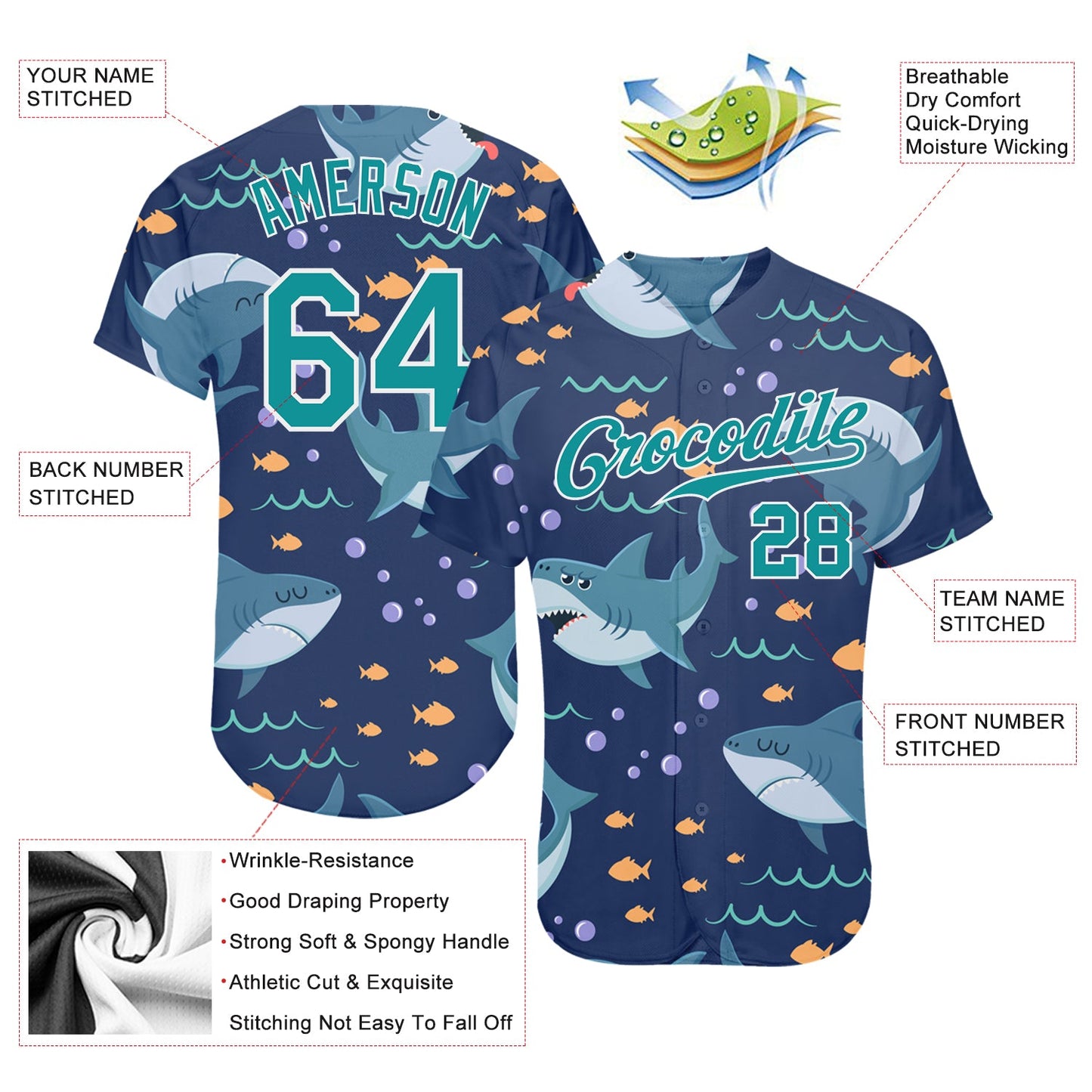 Custom Teal Teal-White 3D Pattern Design Sharks Authentic Baseball Jersey view 3