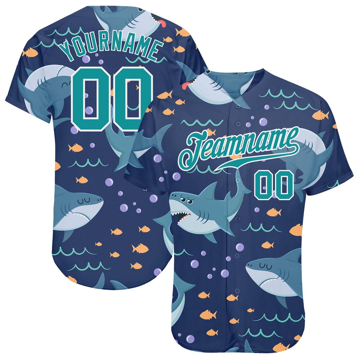 Custom Teal Teal-White 3D Pattern Design Sharks Authentic Baseball Jersey - Main View