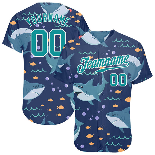 Custom Teal Teal-White 3D Pattern Design Sharks Authentic Baseball Jersey - Main View