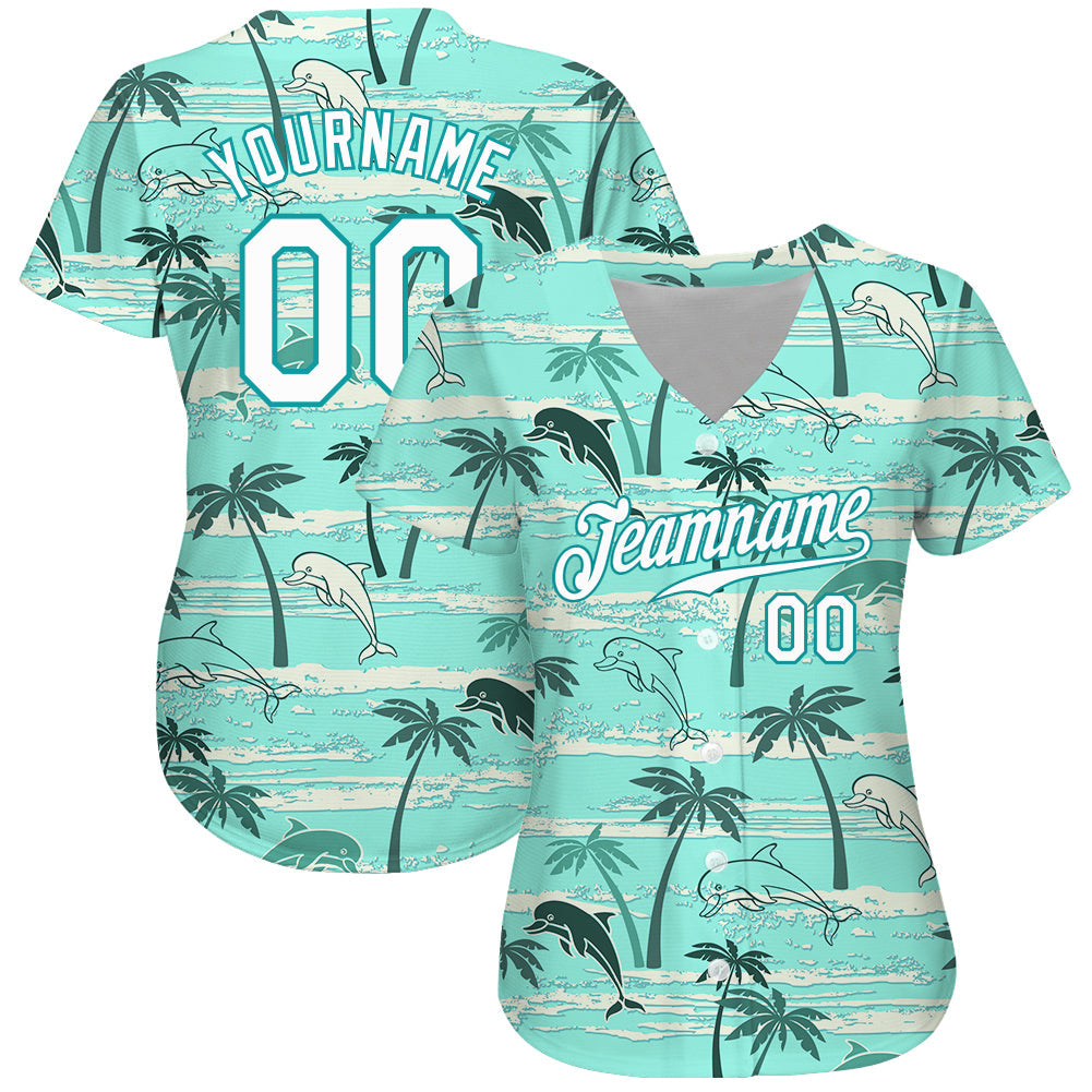 Custom Teal White-Teal 3D Pattern Design Hawaii Palm Trees Authentic Baseball Jersey view 2