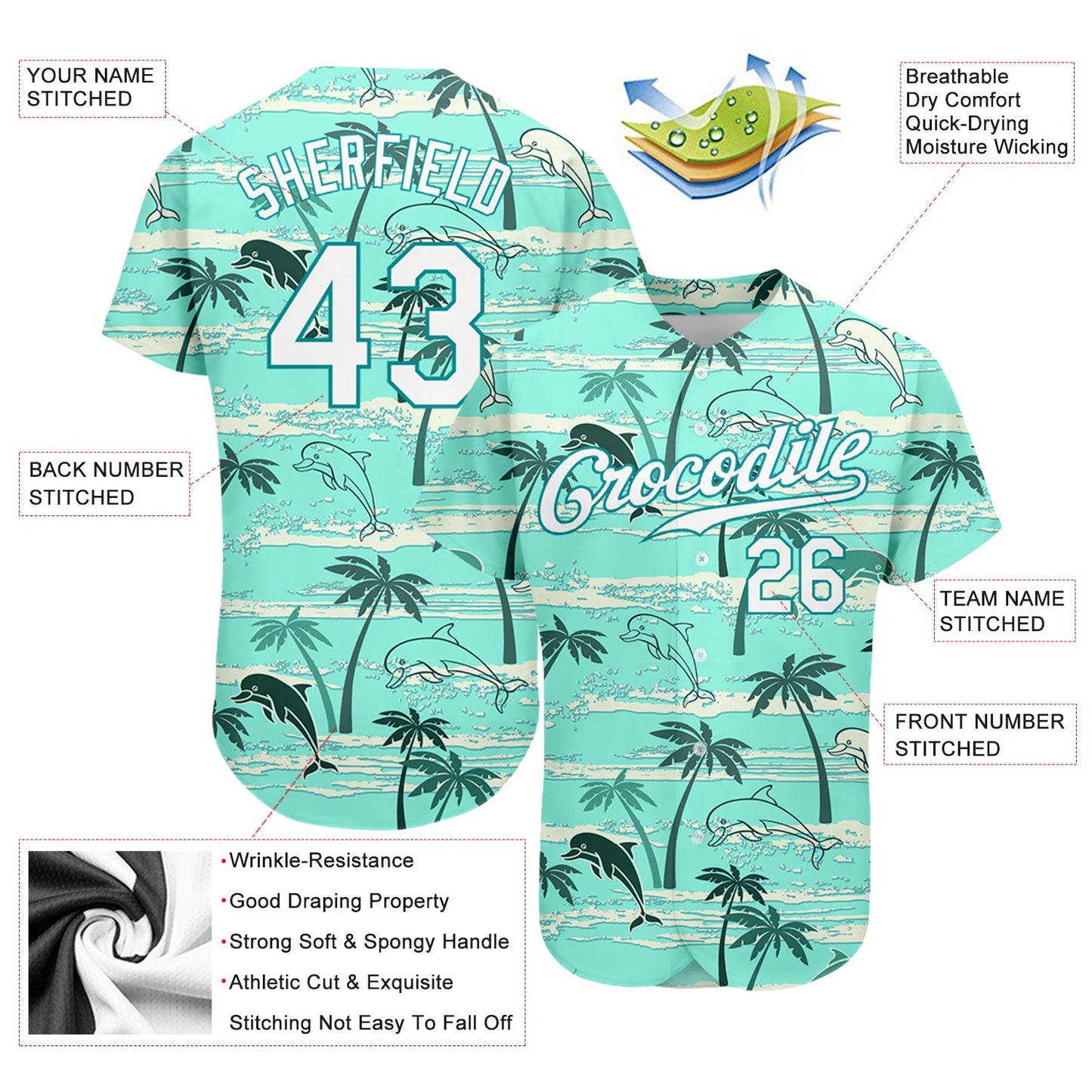 Custom Teal White-Teal 3D Pattern Design Hawaii Palm Trees Authentic Baseball Jersey view 3