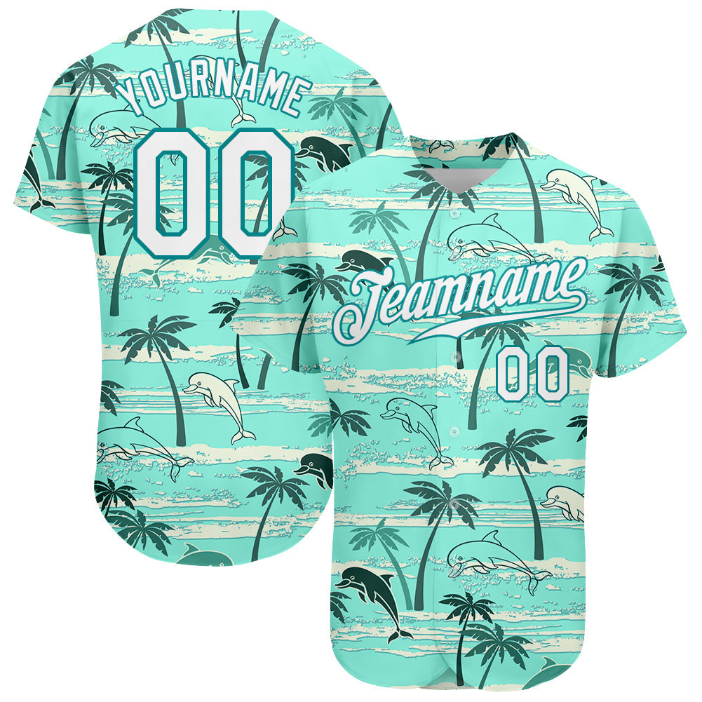 Custom Teal White-Teal 3D Pattern Design Hawaii Palm Trees Authentic Baseball Jersey - Main View