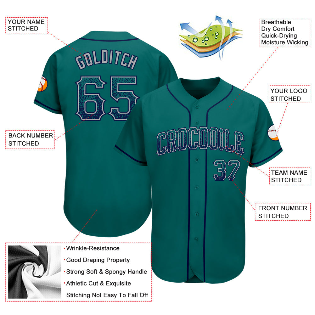Custom Teal Navy-Gray Authentic Drift Fashion Baseball Jersey view 3