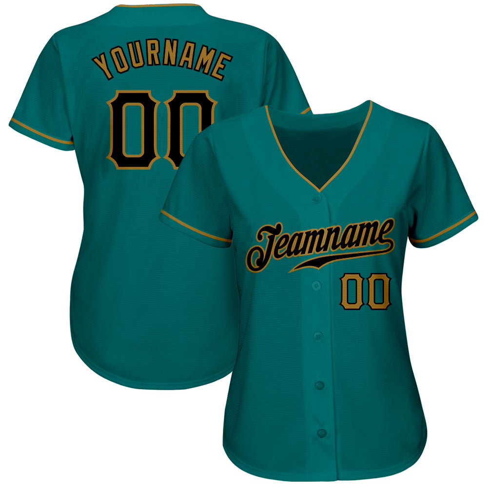 Custom Teal Black-Old Gold Authentic Baseball Jersey view 2