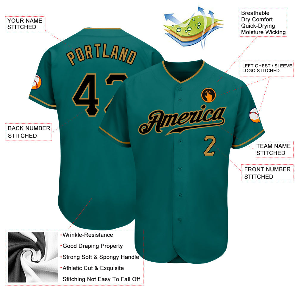 Custom Teal Black-Old Gold Authentic Baseball Jersey view 3