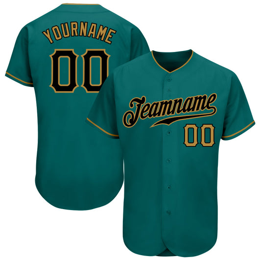 Custom Teal Black-Old Gold Authentic Baseball Jersey - Main View