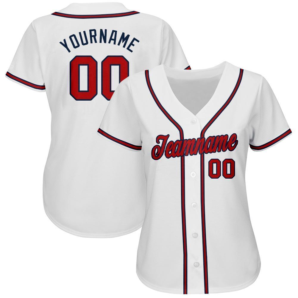 Custom White Red-Navy Baseball Jersey view 2
