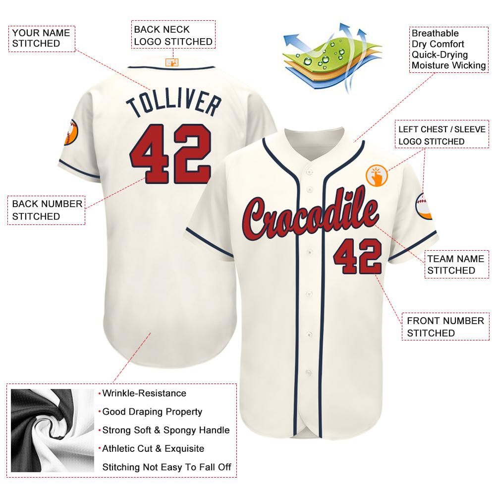 Custom Cream Red-Navy Baseball Jersey view 3