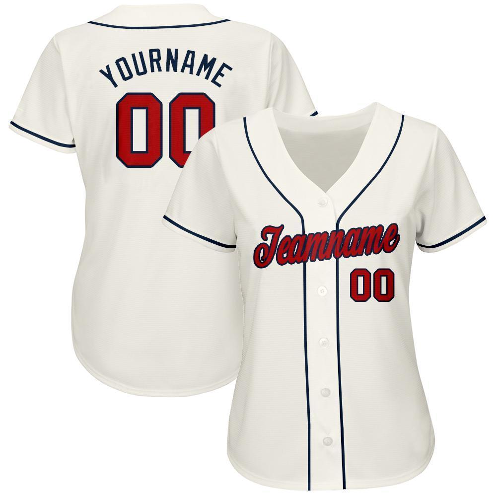 Custom Cream Red-Navy Baseball Jersey view 2