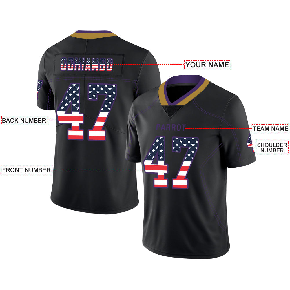 Custom B.Ravens Men's American Black USA Flag Fashion Vapor Limited Stitched Football Jerseys view 2