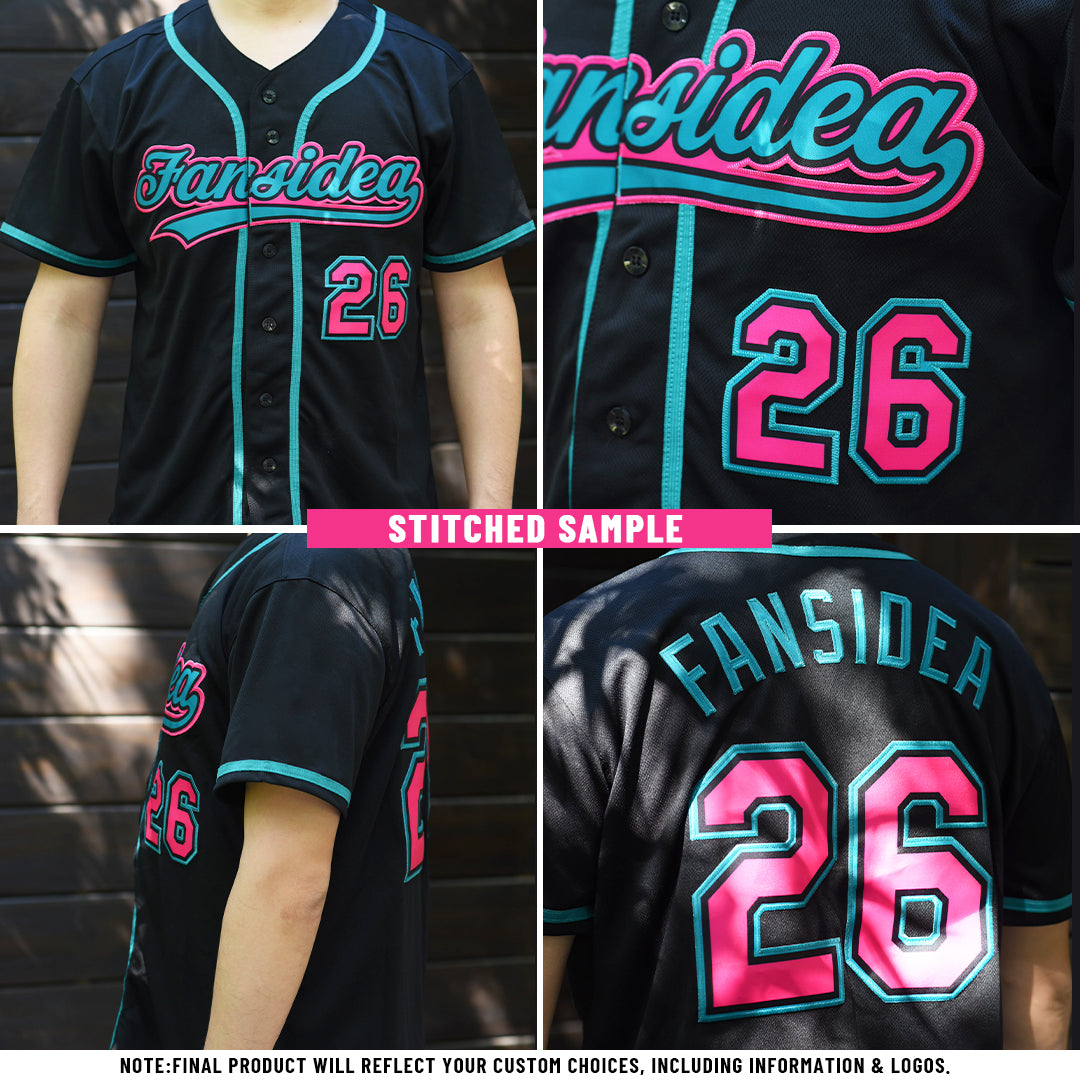 Custom Black Pink-Teal Authentic Baseball Jersey view 3