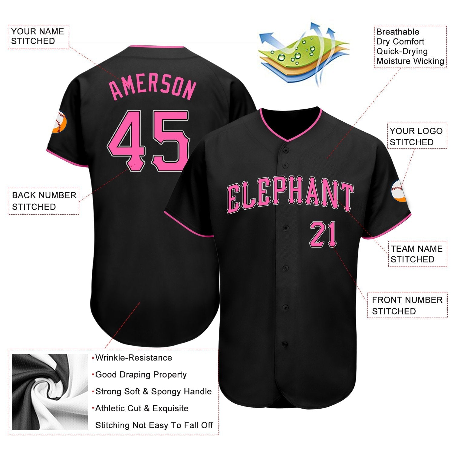 Custom Black Pink-White Authentic Baseball Jersey view 3