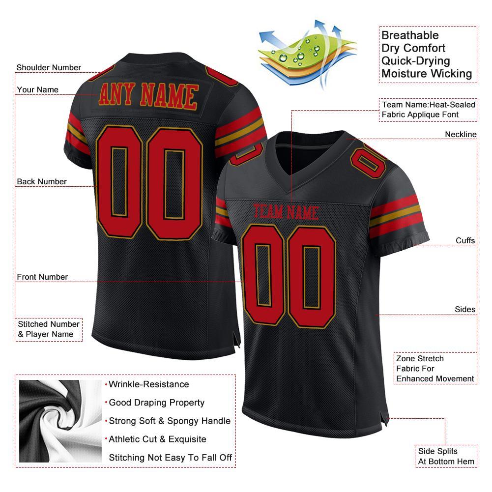 Custom Black Red-Old Gold Mesh Authentic Football Jersey view 4