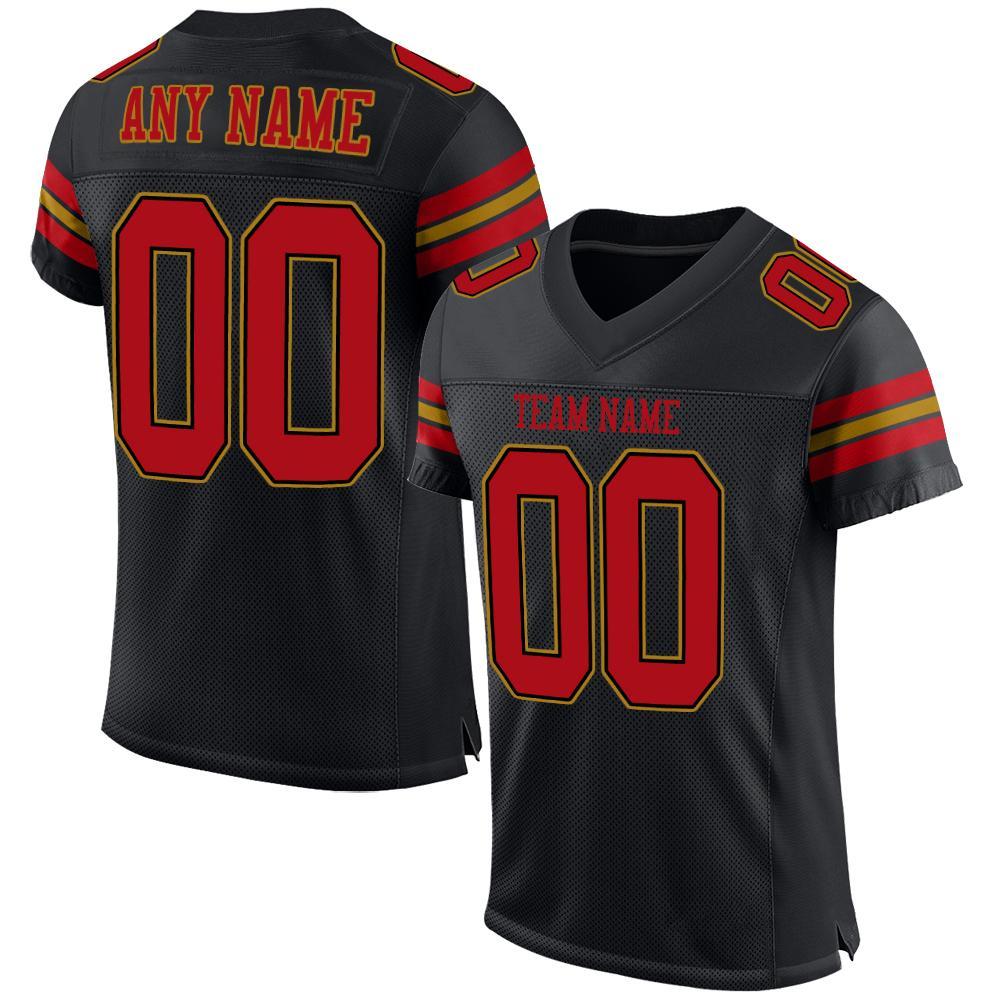 Custom Black Red-Old Gold Mesh Authentic Football Jersey - Main View