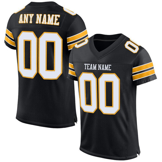 Custom Black White-Gold Mesh Authentic Football Jersey - Main View