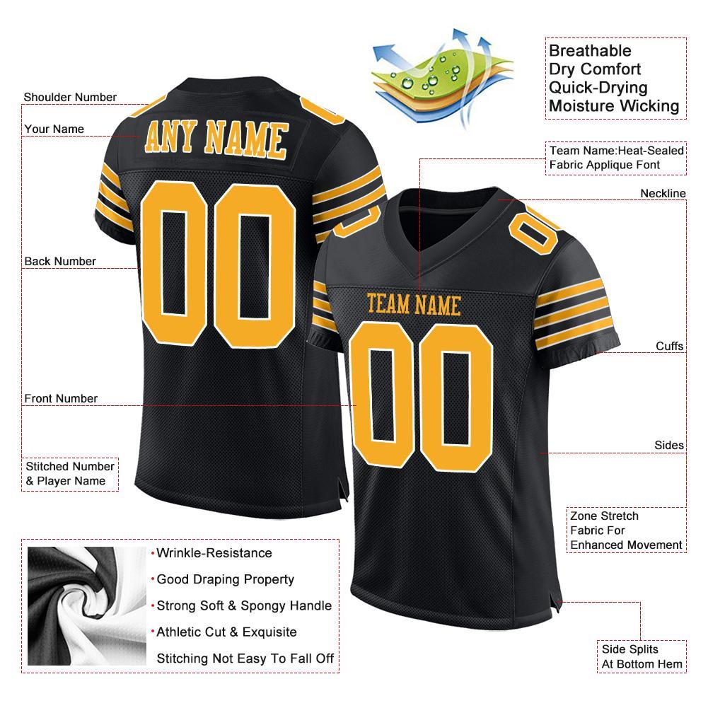 Custom Black Gold-White Mesh Authentic Football Jersey view 4