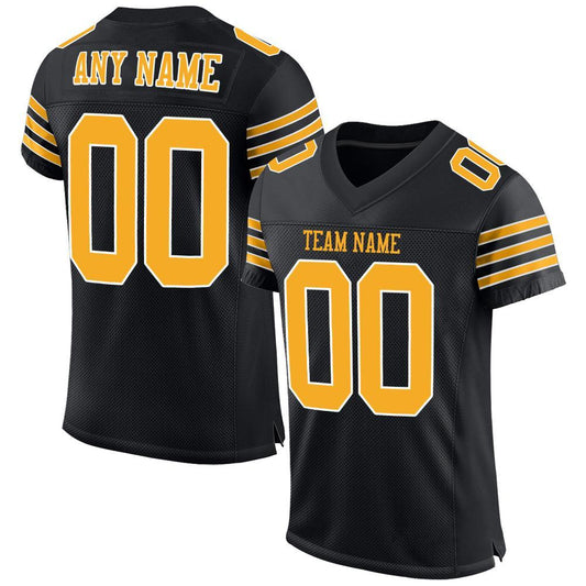 Custom Black Gold-White Mesh Authentic Football Jersey - Main View