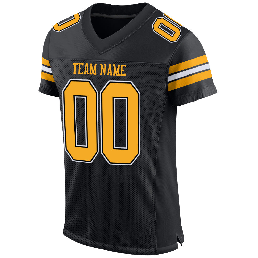 Custom Black Gold-White Mesh Authentic Football Jersey view 2