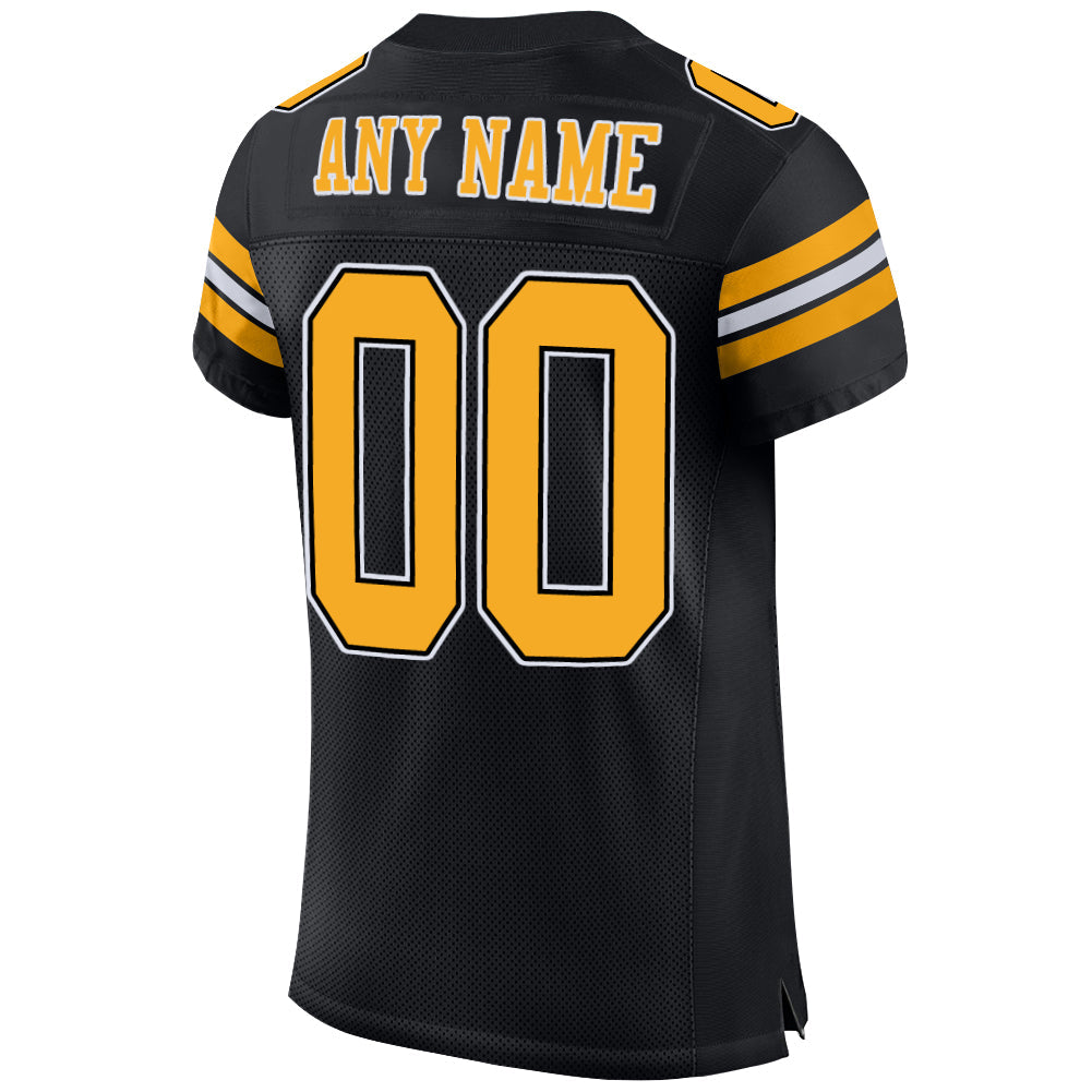 Custom Black Gold-White Mesh Authentic Football Jersey view 3
