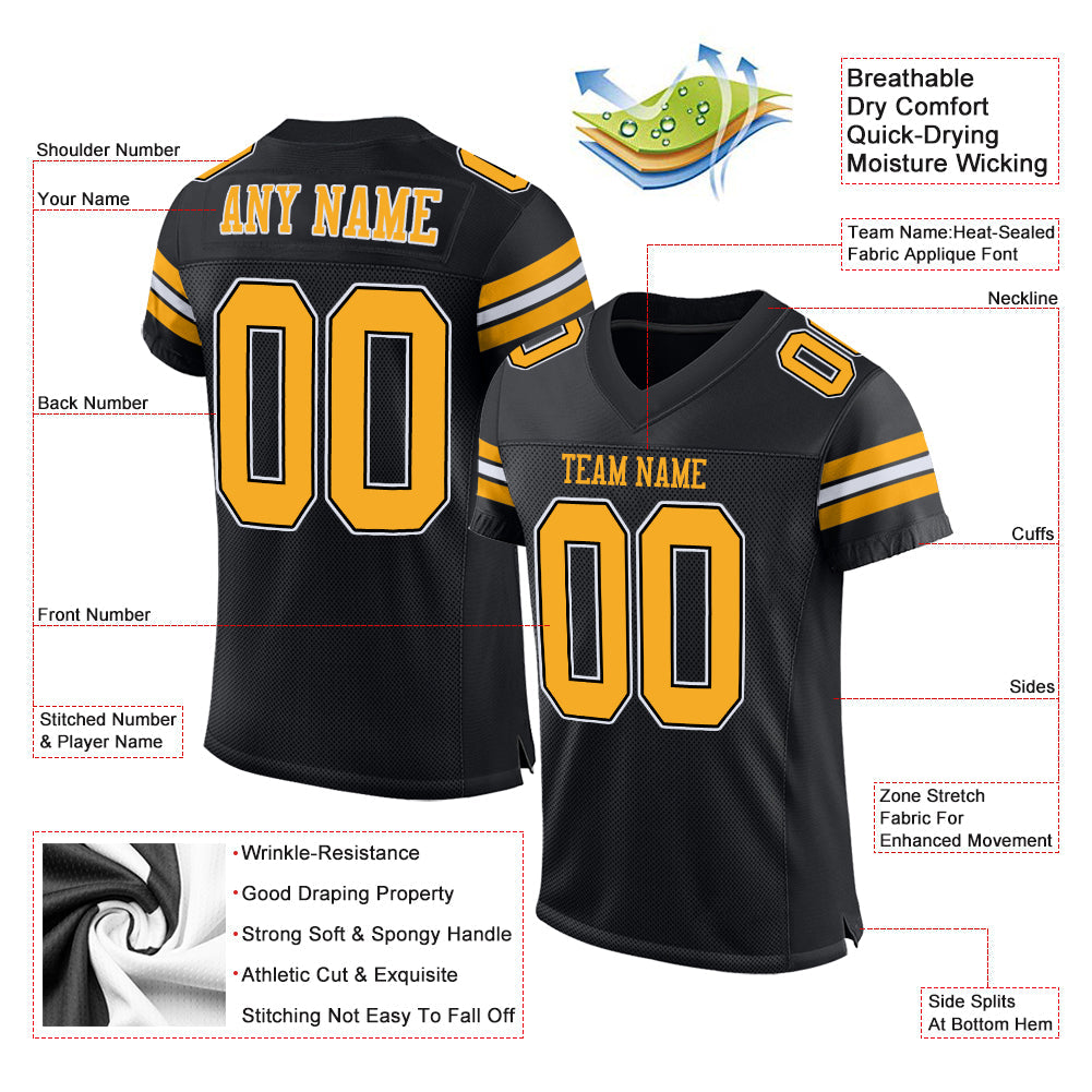 Custom Black Gold-White Mesh Authentic Football Jersey view 4