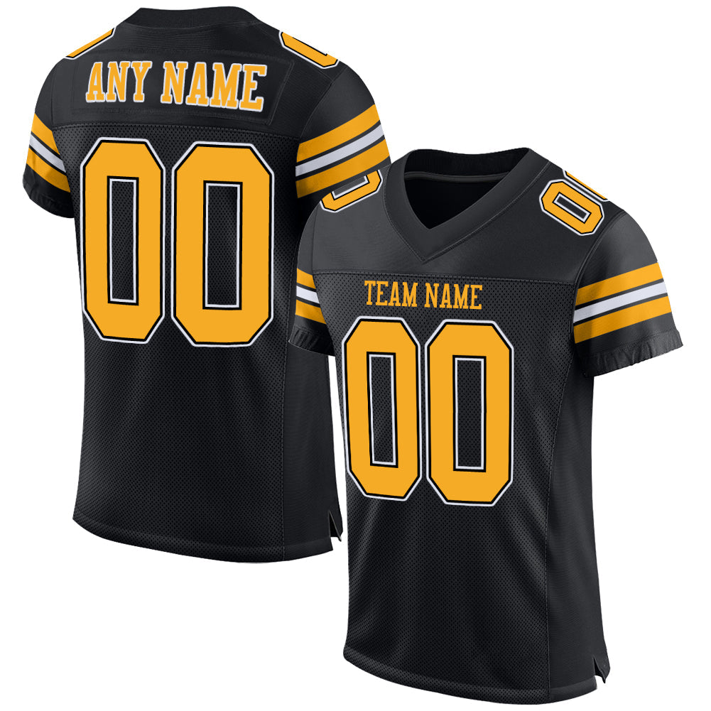 Custom Black Gold-White Mesh Authentic Football Jersey - Main View