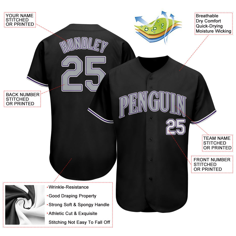 Custom Black Gray-Purple Authentic Baseball Jersey view 3