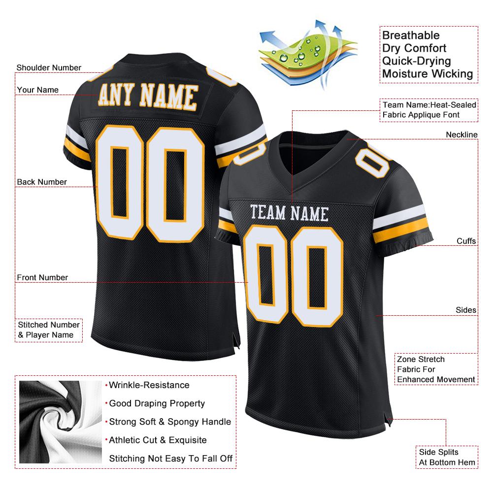 Custom Black White-Gold Mesh Authentic Football Jersey view 4