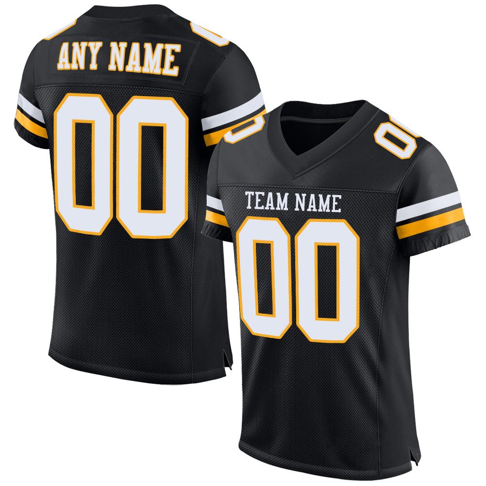 Custom Black White-Gold Mesh Authentic Football Jersey - Main View