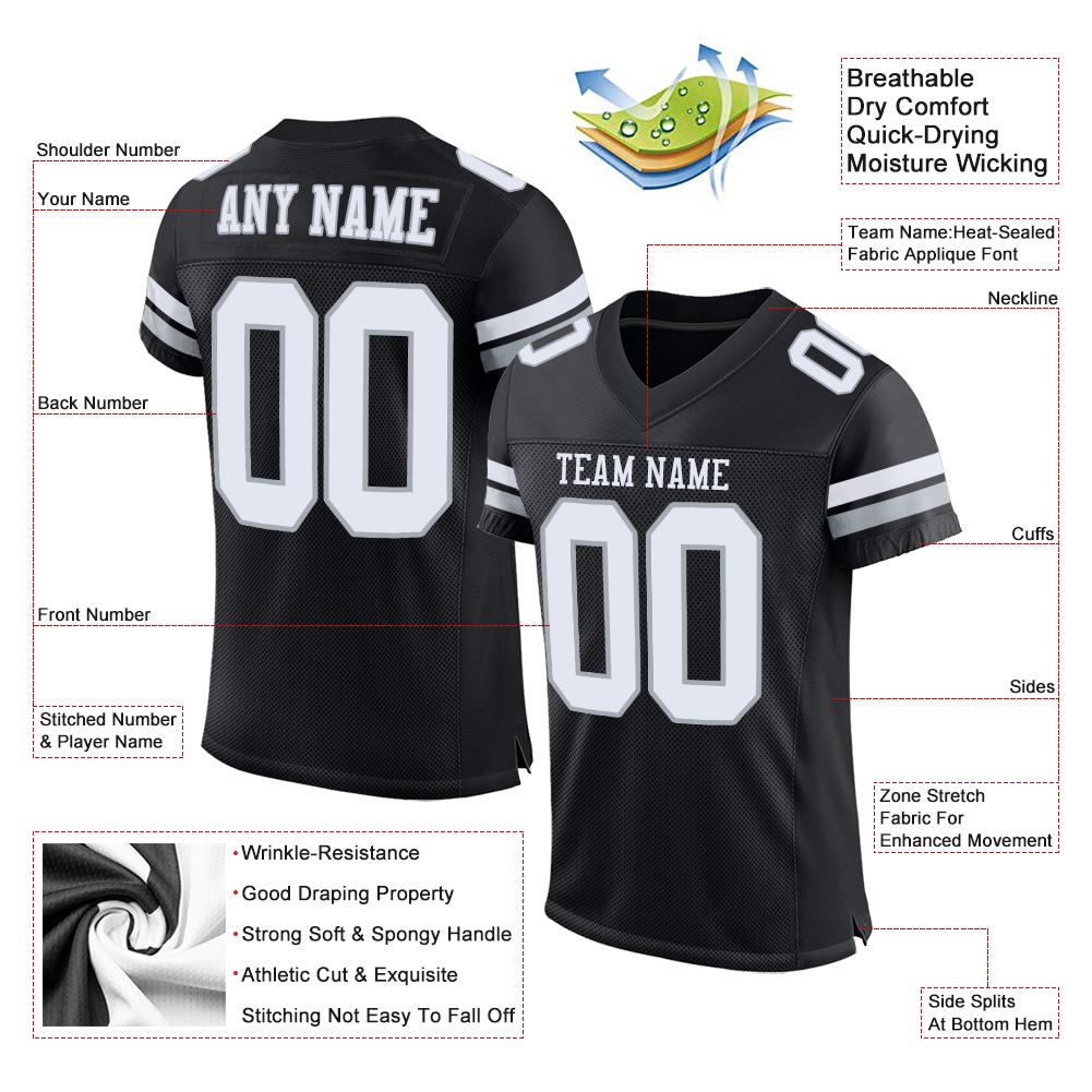 Custom Black White-Silver Mesh Authentic Football Jersey view 4