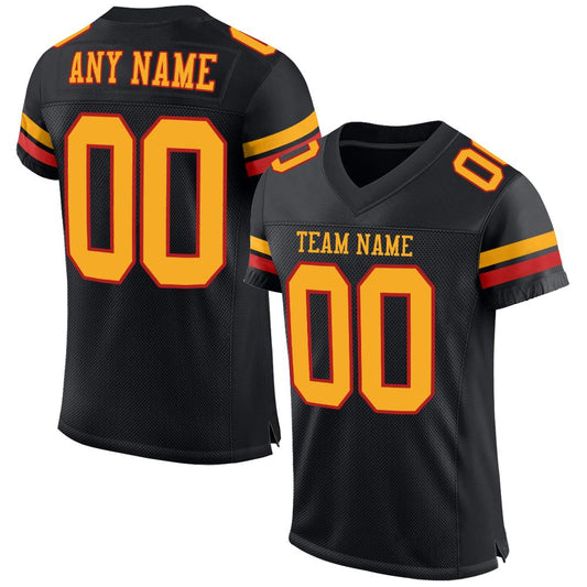 Custom Black Gold-Scarlet Mesh Authentic Football Jersey - Main View