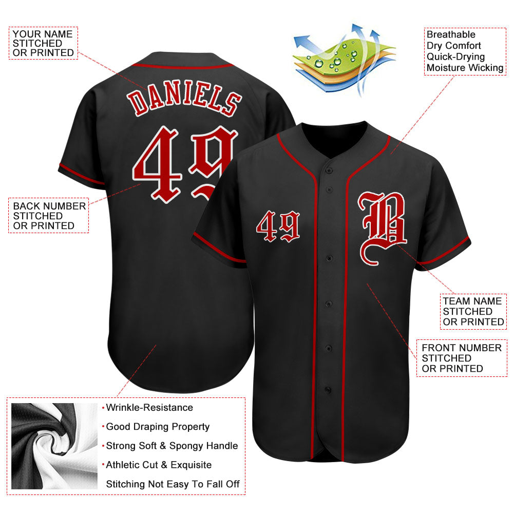 Custom Black Red-White Authentic Baseball Jersey view 3