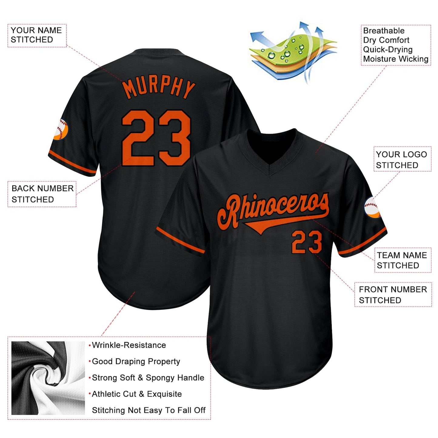 Custom Black Orange-Black Authentic Throwback Rib-Knit Baseball Jersey Shirt view 4