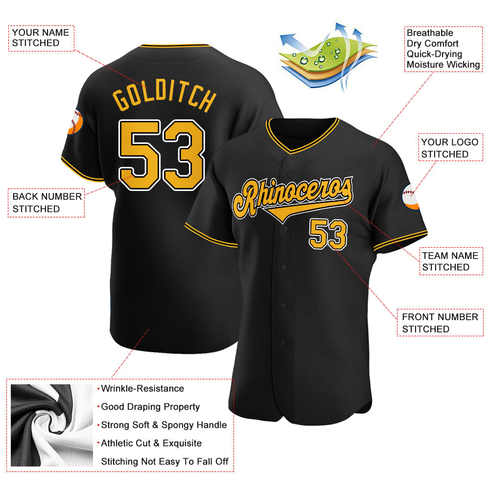 Custom Black Gold-White Authentic Baseball Jersey view 3