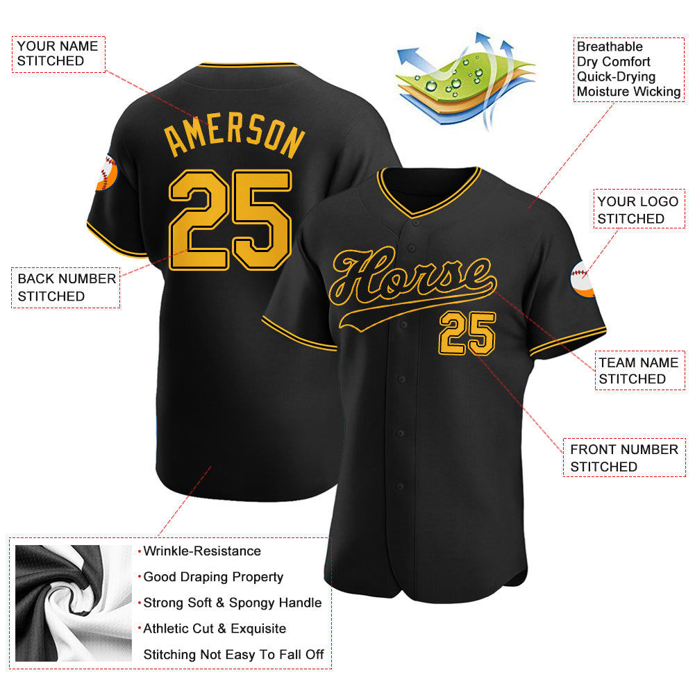 Custom Black Gold-Black Authentic Baseball Jersey view 3
