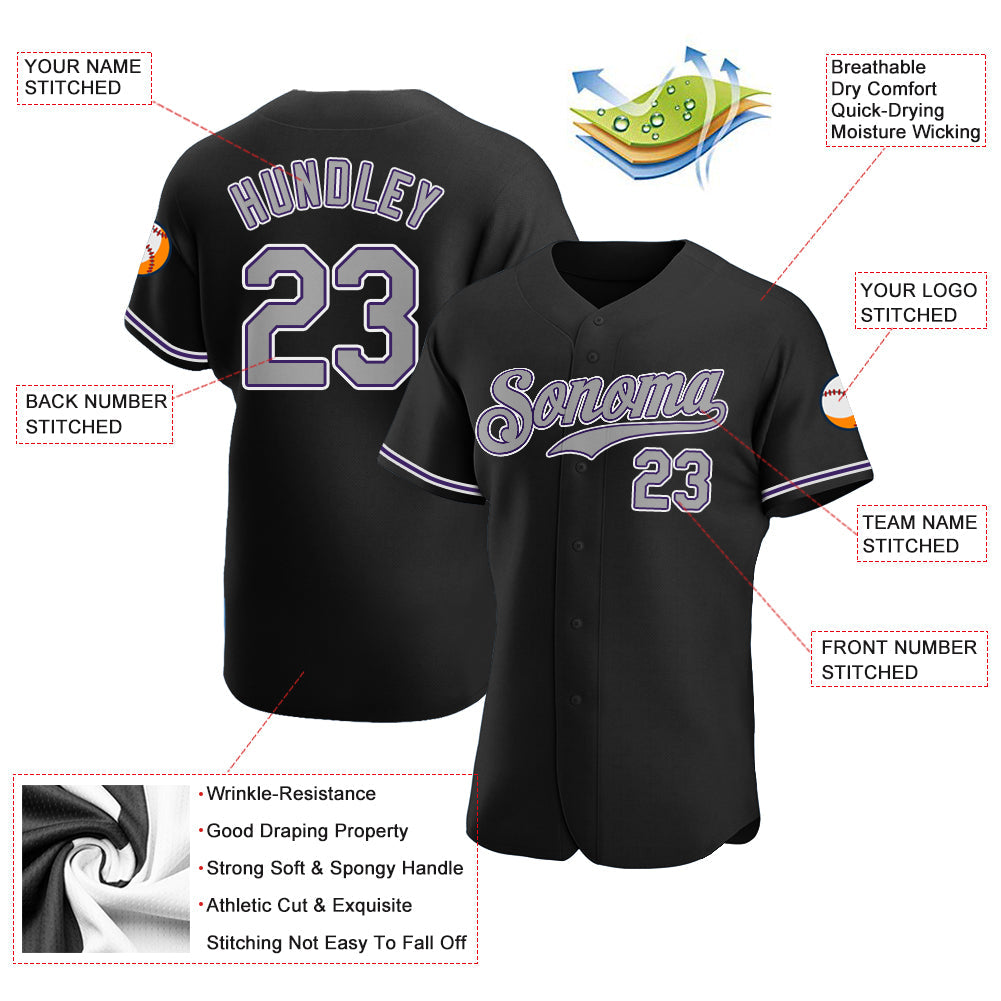 Custom Black Gray-Purple Authentic Baseball Jersey view 3