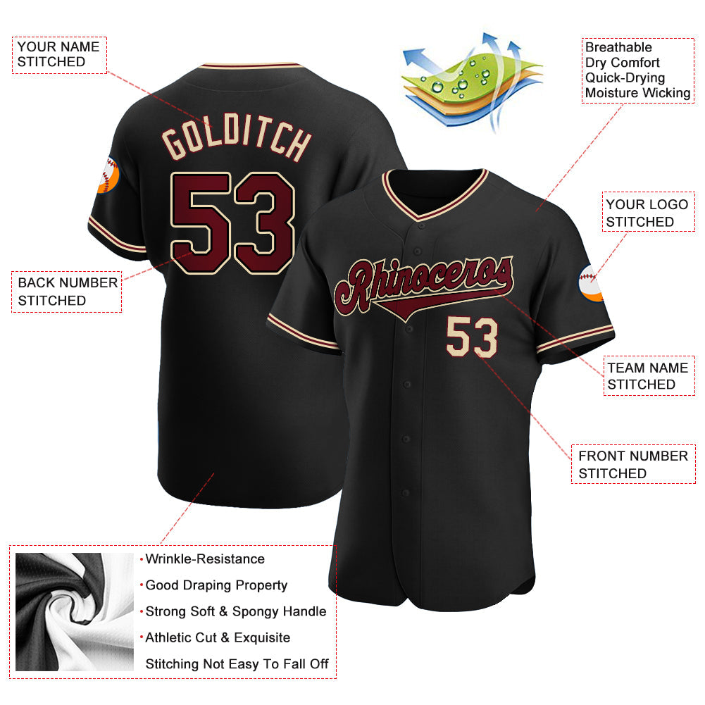Custom Black Crimson-City Cream Authentic Baseball Jersey view 3