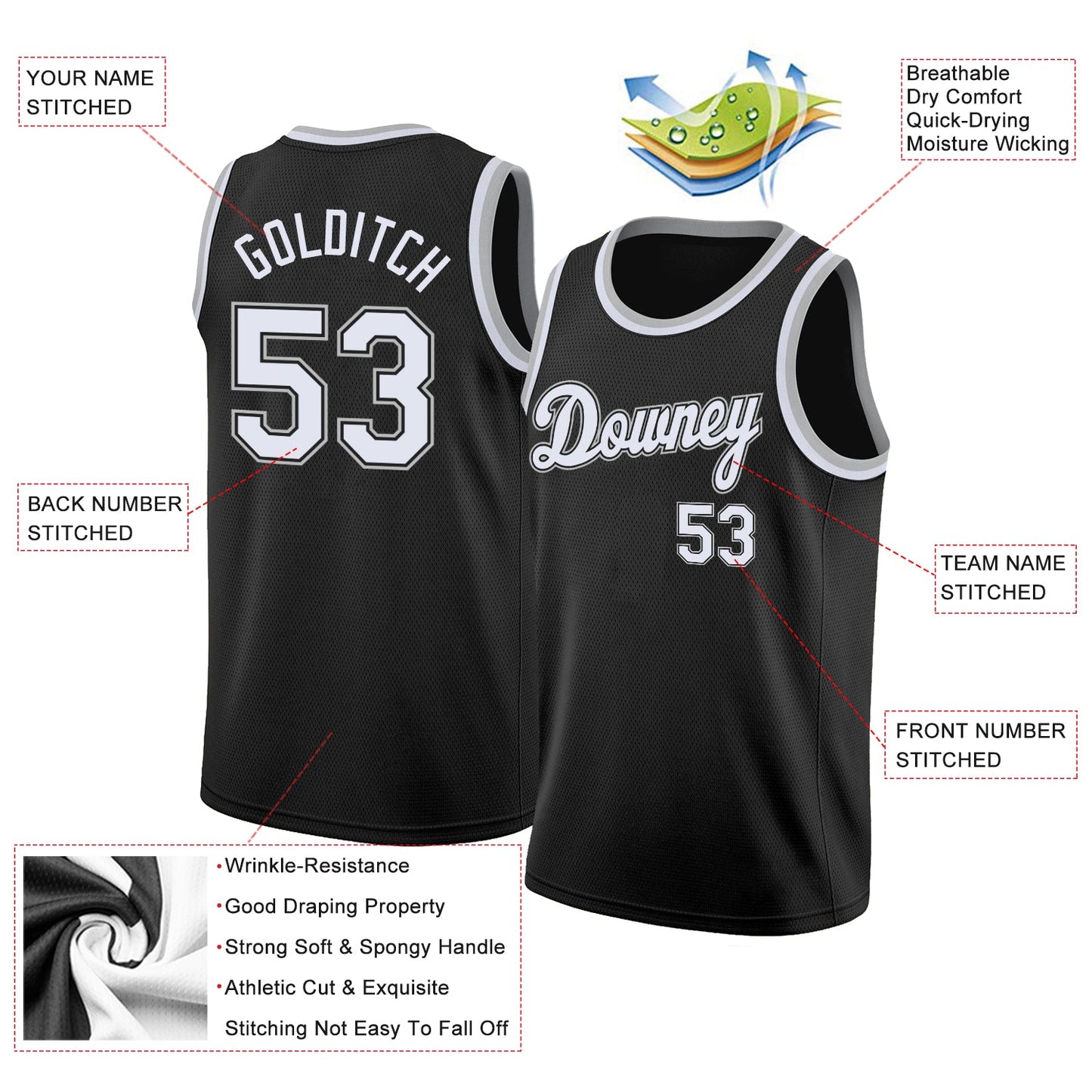 Custom Black White-Gray Round Neck Rib-Knit Basketball Jersey view 2