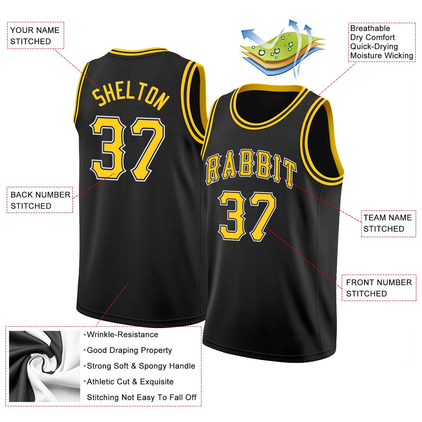 Custom Black Gold-White Round Neck Rib-Knit Basketball Jersey view 2