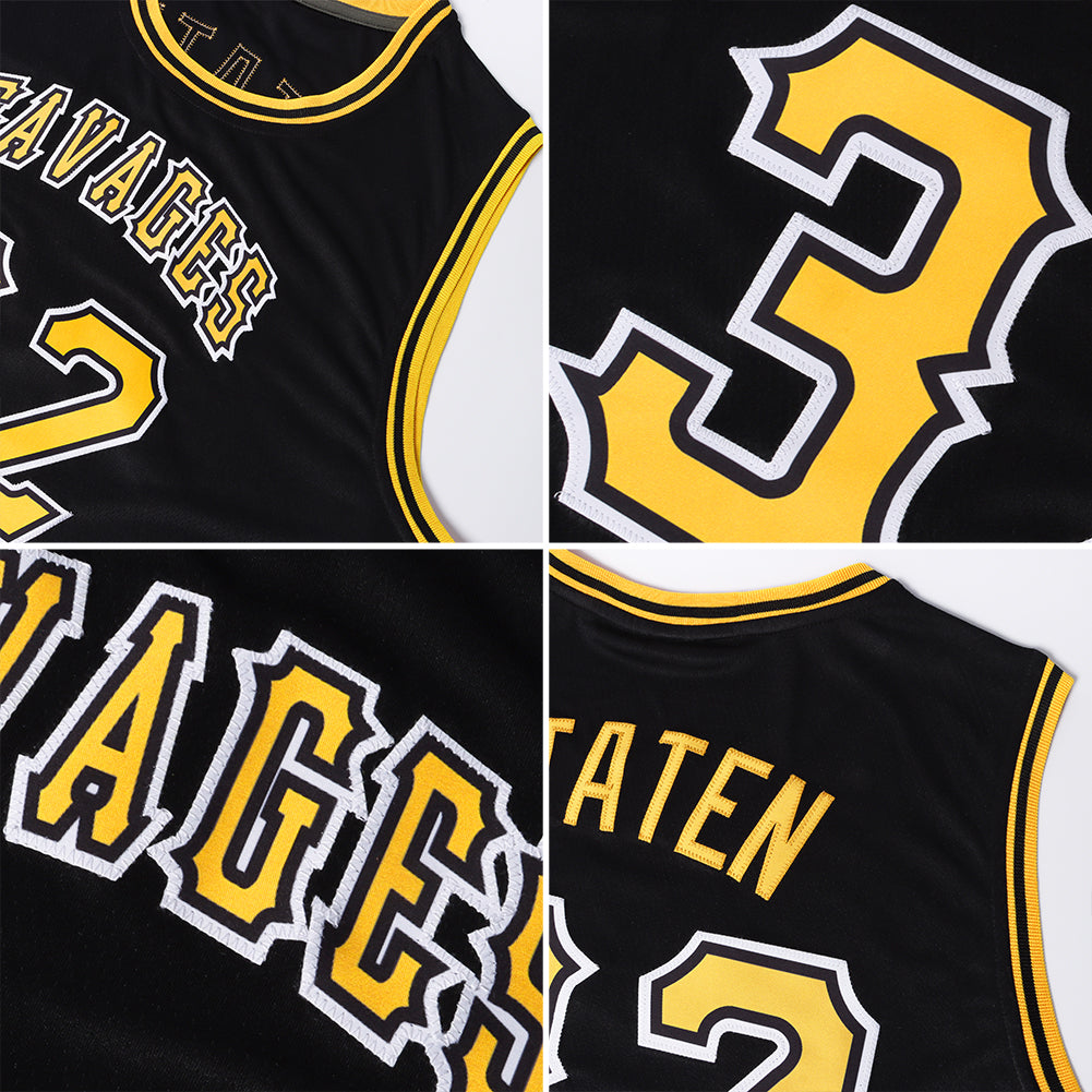 Custom Black Gold-White Round Neck Rib-Knit Basketball Jersey view 6