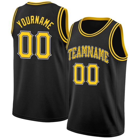 Custom Black Gold-White Round Neck Rib-Knit Basketball Jersey - Main View