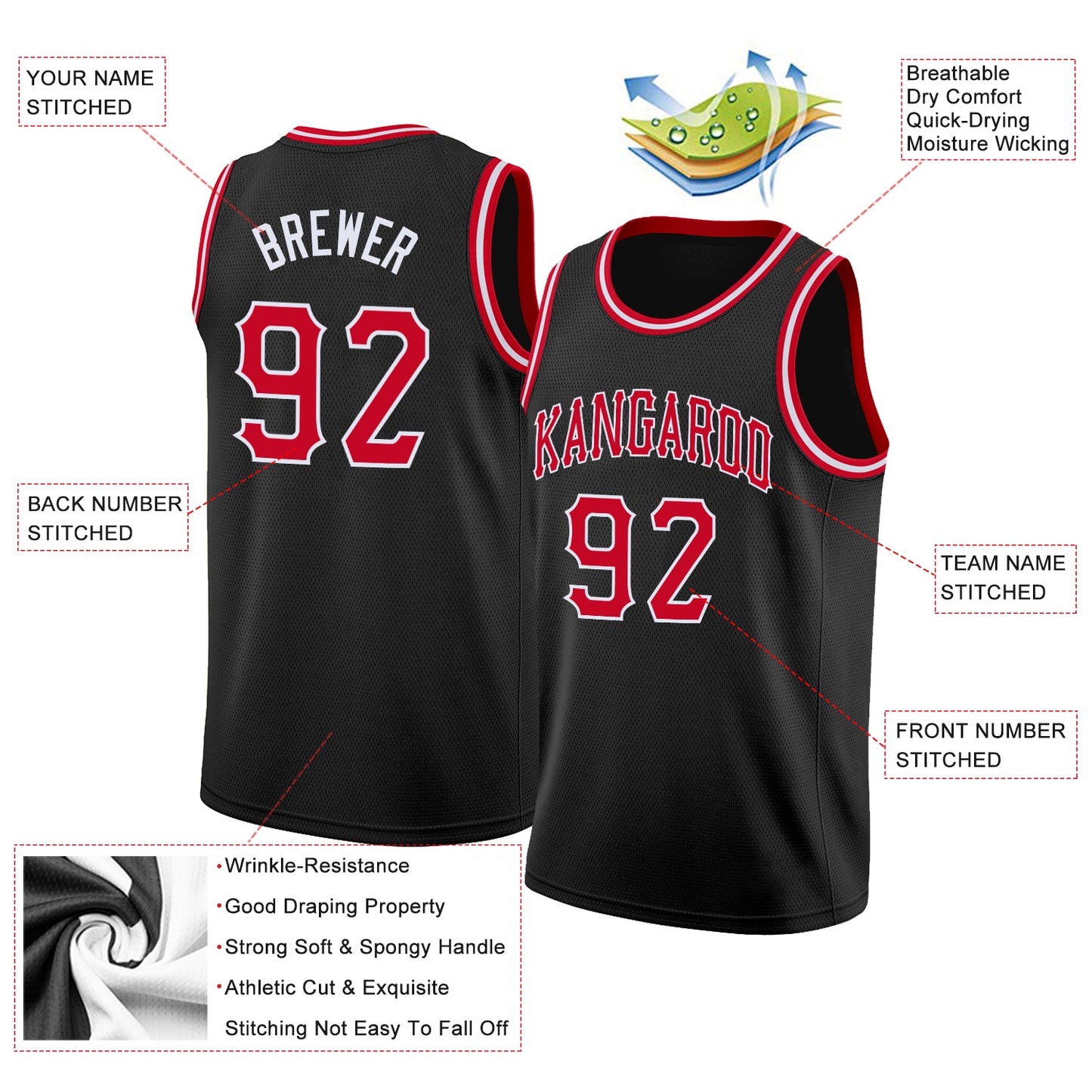 Custom Black Red-White Round Neck Rib-Knit Basketball Jersey view 2