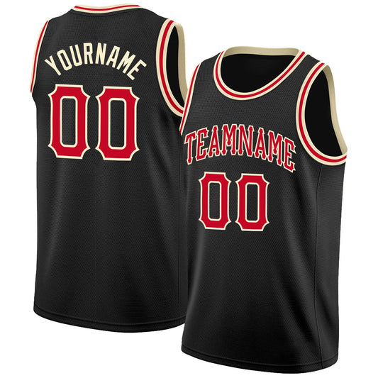 Custom Black Red-Cream Round Neck Rib-Knit Basketball Jersey - Main View