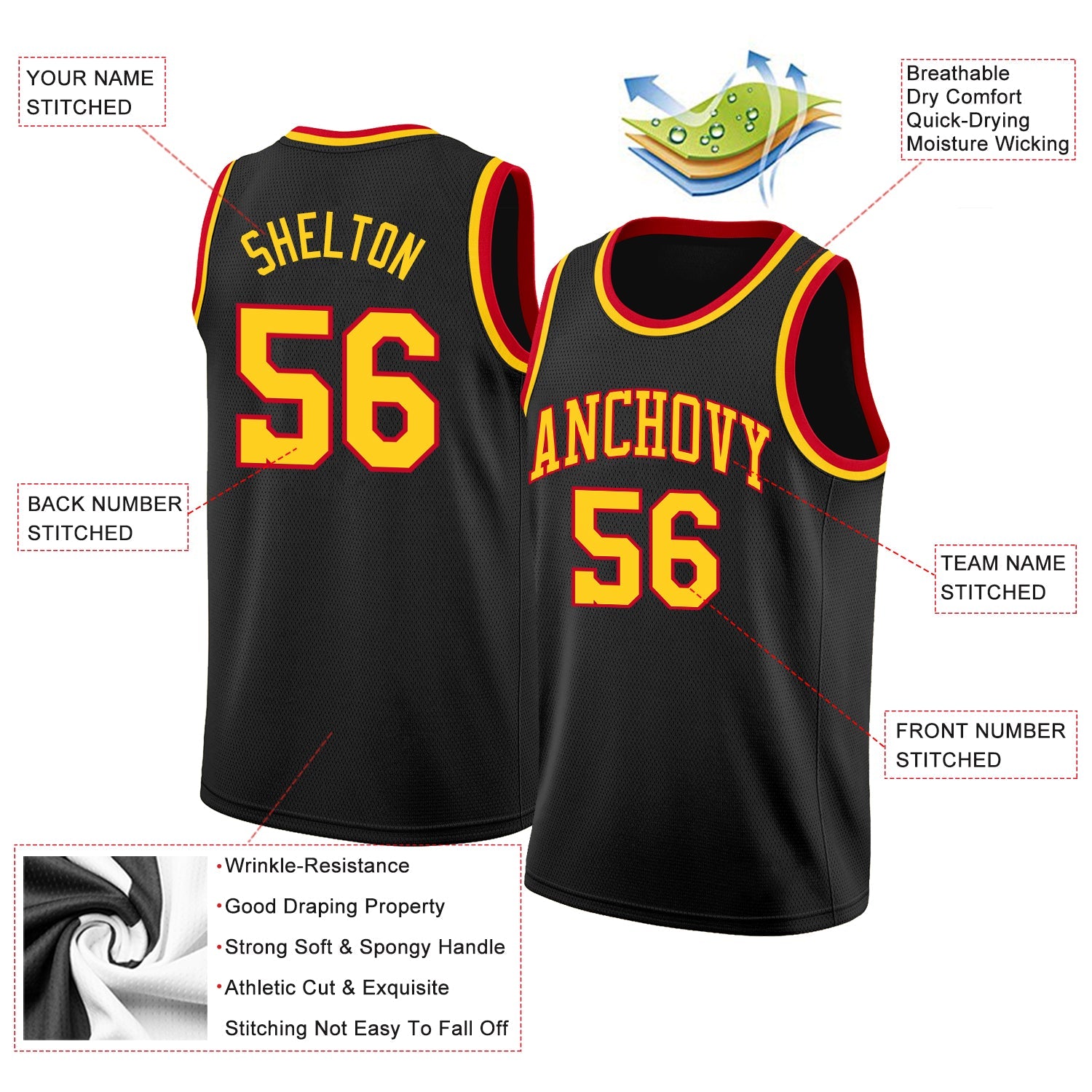 Custom Black Gold-Red Round Neck Rib-Knit Basketball Jersey view 2