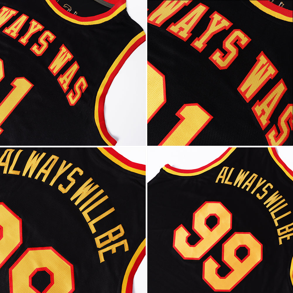 Custom Black Gold-Red Round Neck Rib-Knit Basketball Jersey view 5