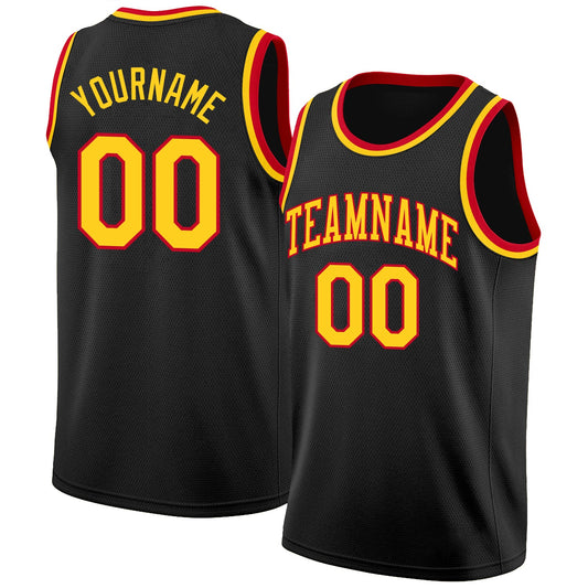 Custom Black Gold-Red Round Neck Rib-Knit Basketball Jersey - Main View
