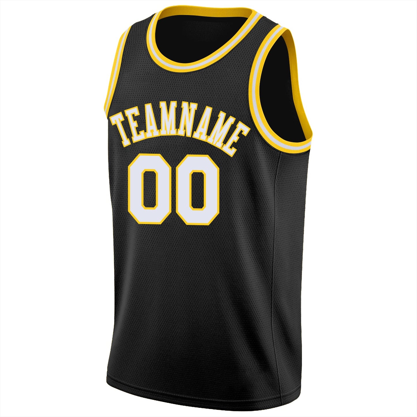 Custom Black White-Gold Round Neck Rib-Knit Basketball Jersey view 5